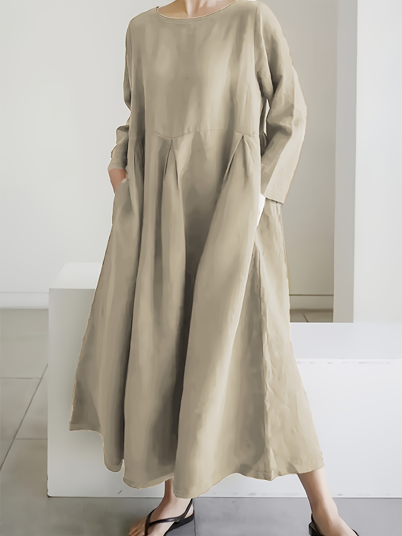 Minimalist Solid Pleated Long Sleeve Loose Maxi Dress