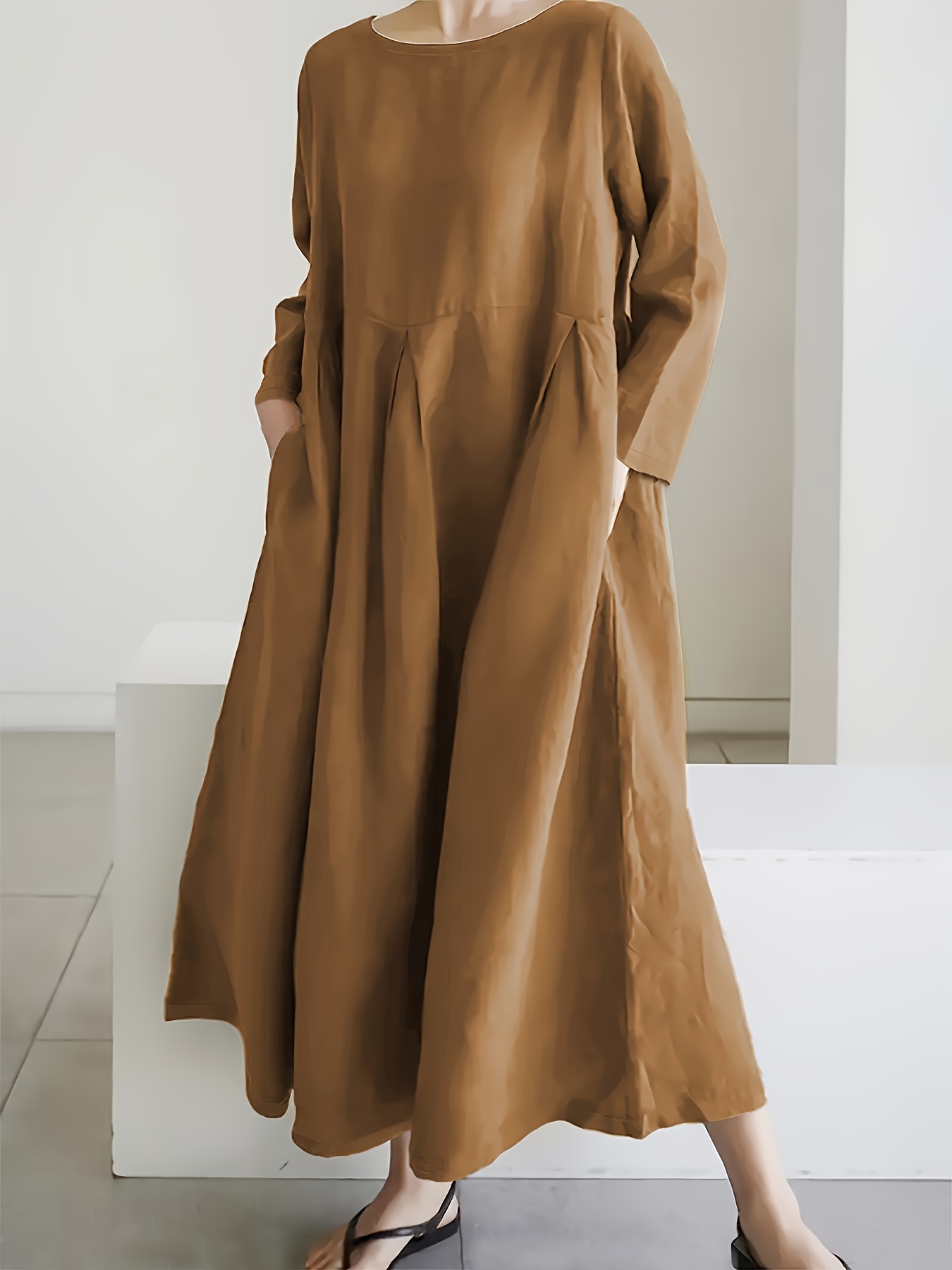 Minimalist Solid Pleated Long Sleeve Loose Maxi Dress