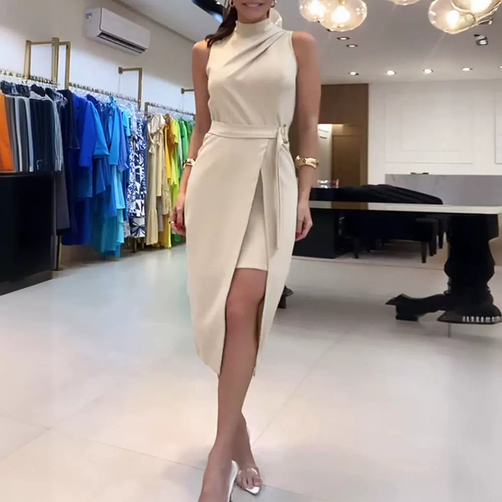 Side-Slit Belted Sleeveless Midi Dress (Buy 2 Free Shipping)