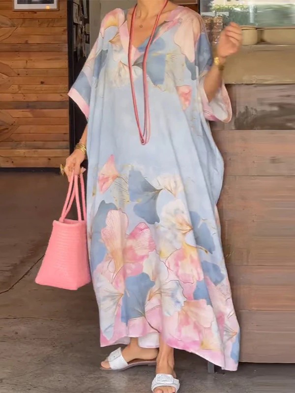 Floral Watercolor Print Loose Kaftan Dress (Buy 2 Free Shipping)