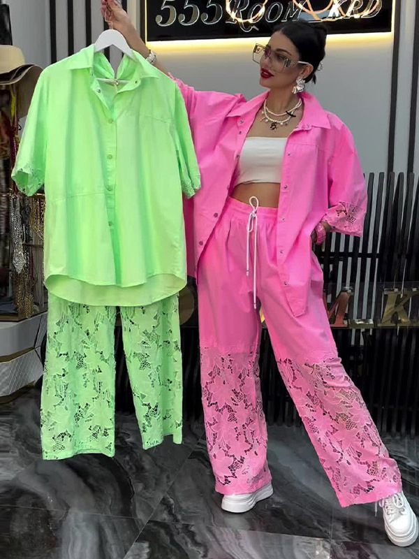 Chic Eyelet Lace Two-Piece Set - Button Shirt and Drawstring Pants (Buy 2 Free Shipping)