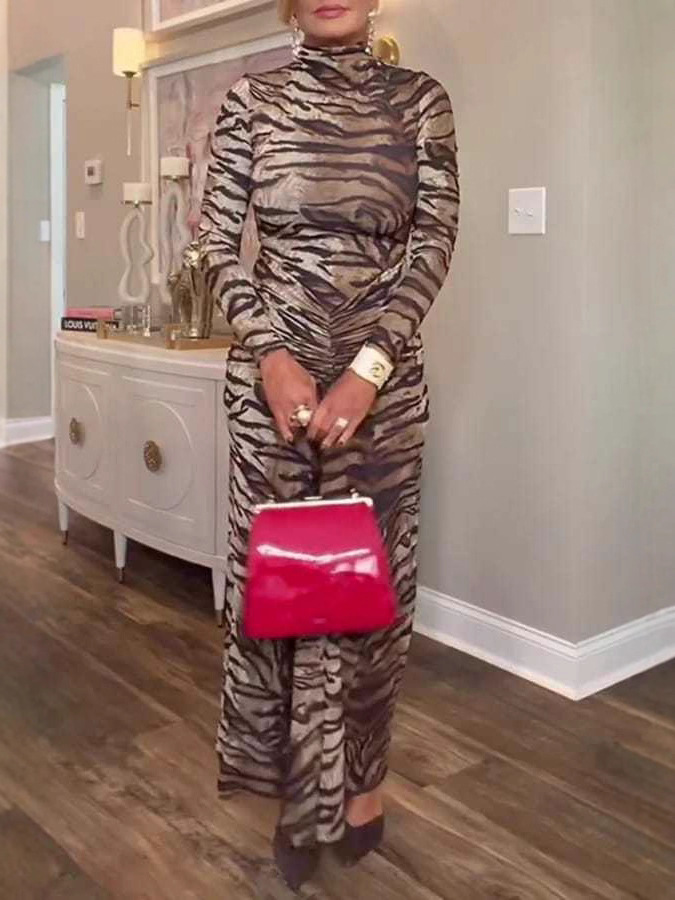 Elegant Mock Neck Ruched Long Sleeve Leopard Dress (Buy 2 Free Shipping)