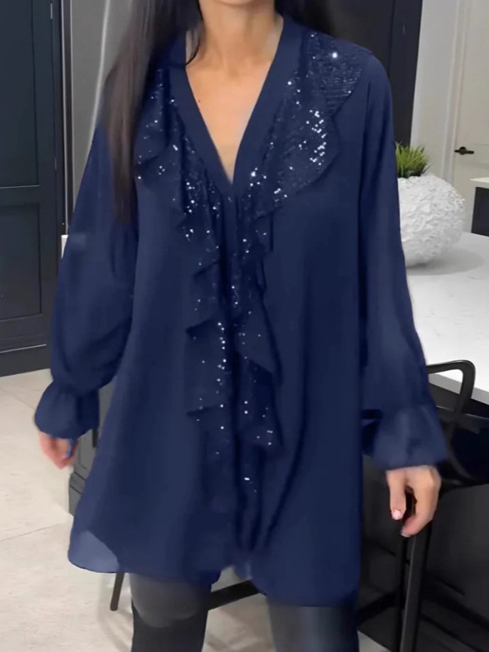 Sequin Ruffle V Neck Chiffon Loose Fit Blouse Top (Buy 2 Free Shipping)