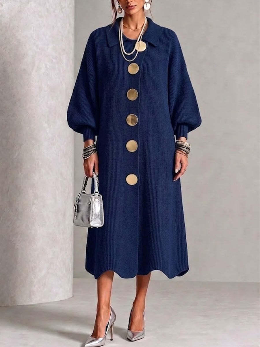 Elegant Collared Button Ribbed Knit Dress