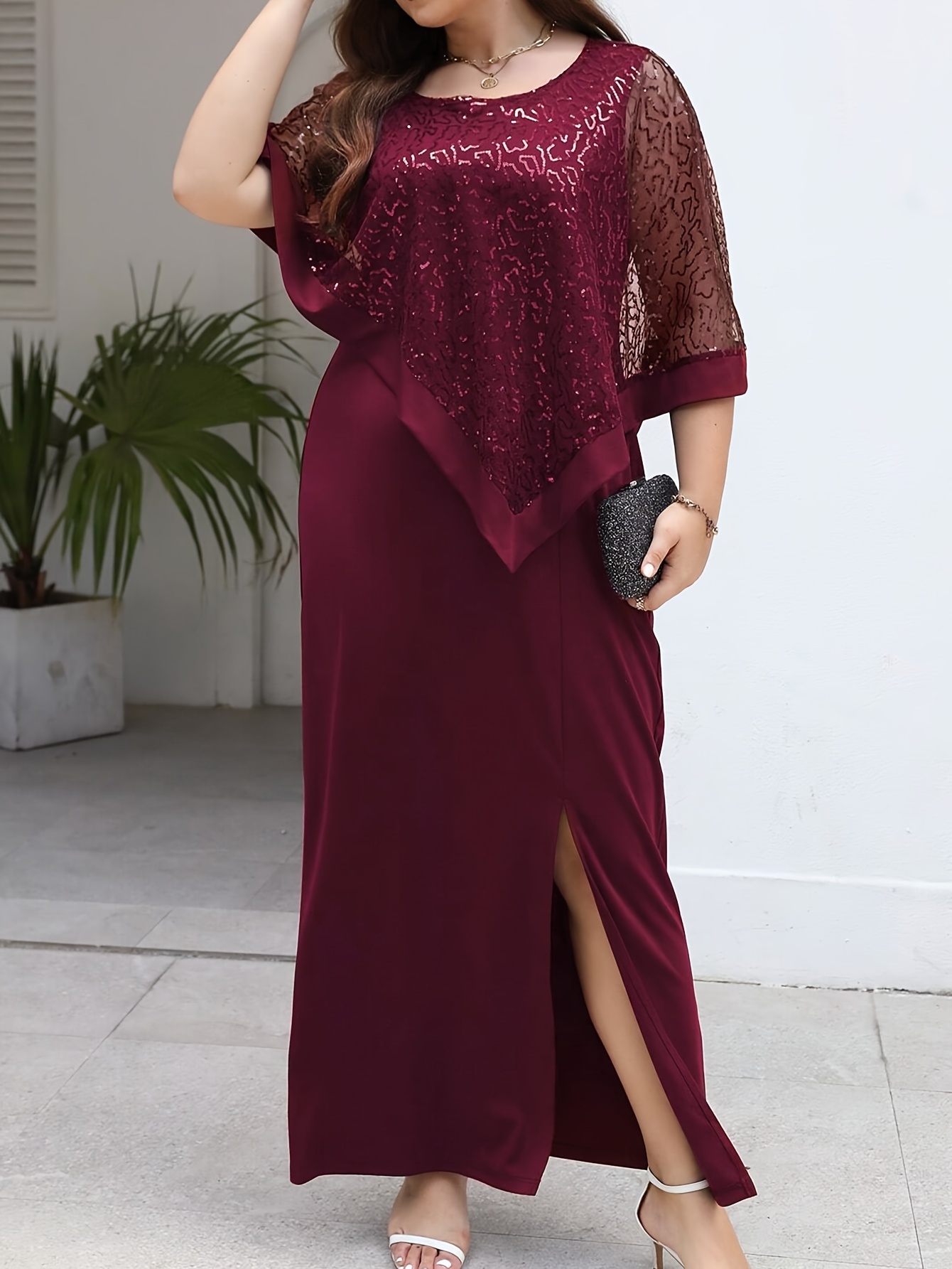 Elegant Sequin Mesh Overlay Slit Maxi Dress (Buy 2 Free Shipping)