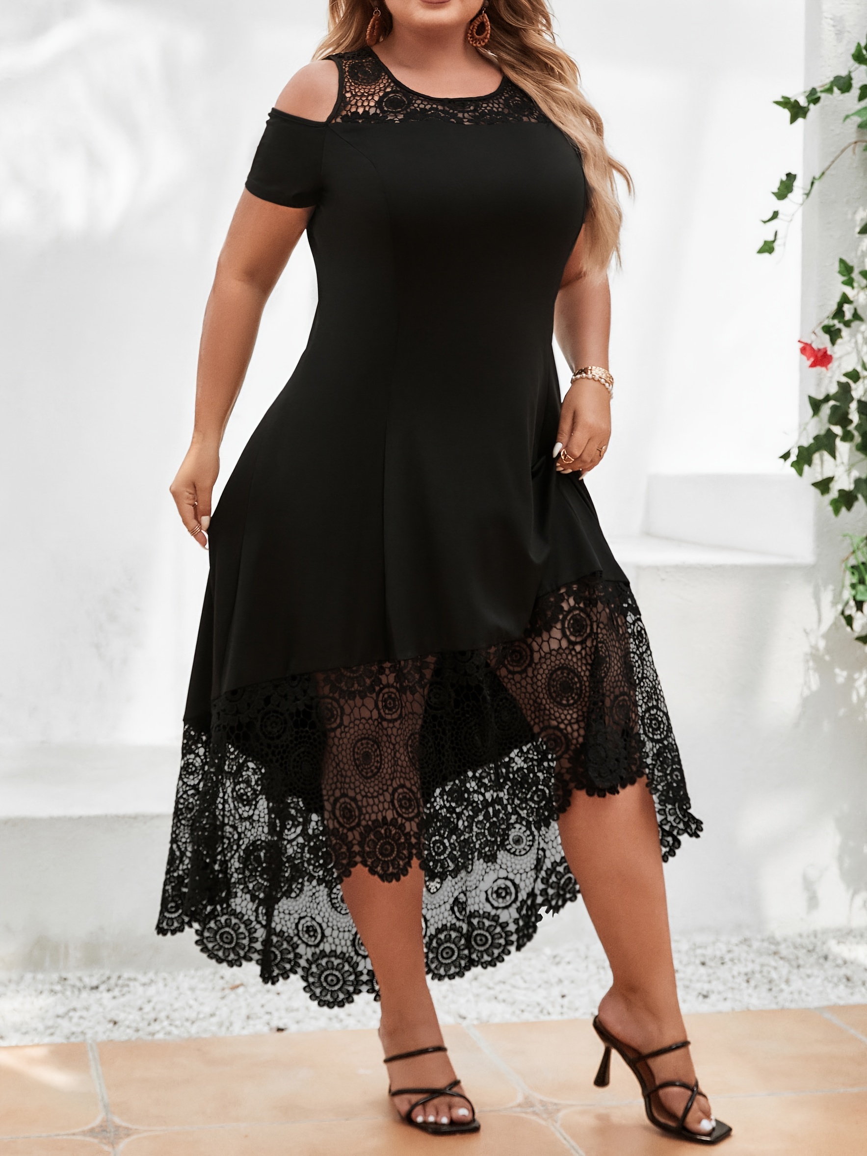 Cold Shoulder Lace Trim High Low Hem Midi Dress