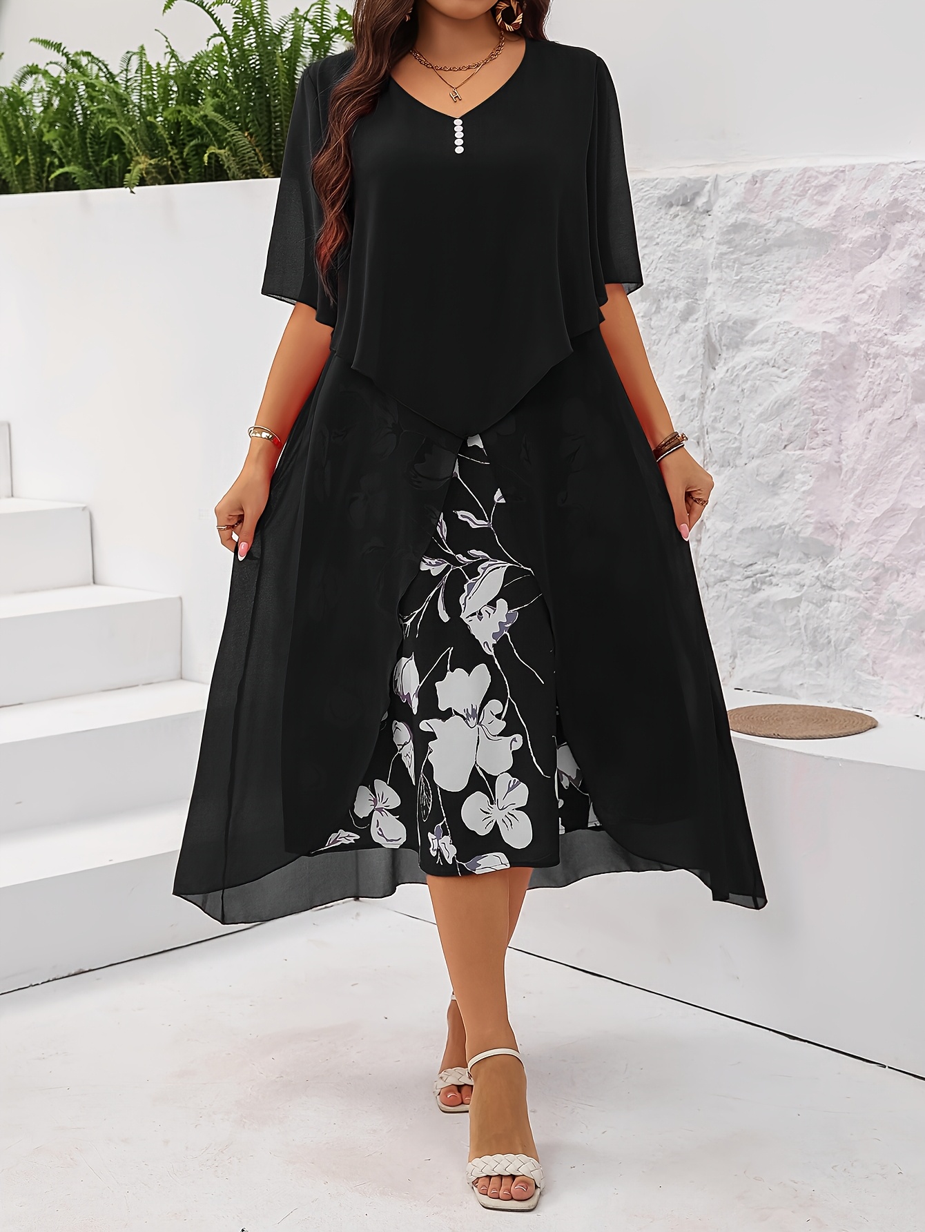 Elegant A-Line Layered Hem Floral Print Midi Dress