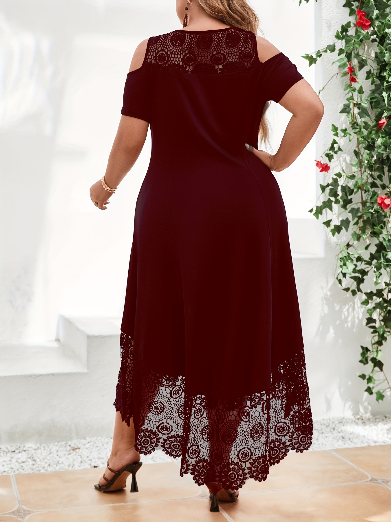 Cold Shoulder Lace Trim High Low Hem Midi Dress