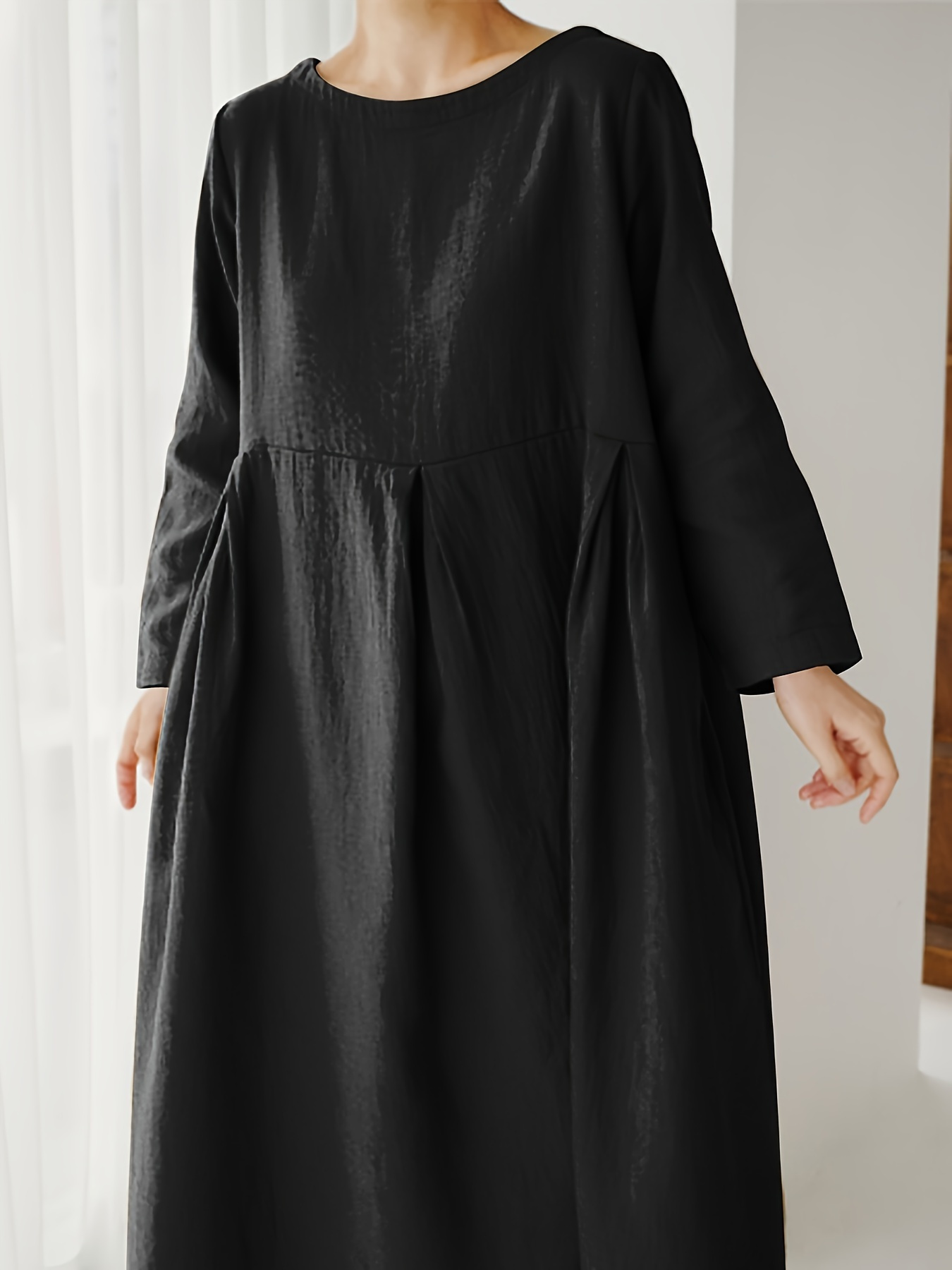 Minimalist Solid Pleated Long Sleeve Loose Maxi Dress