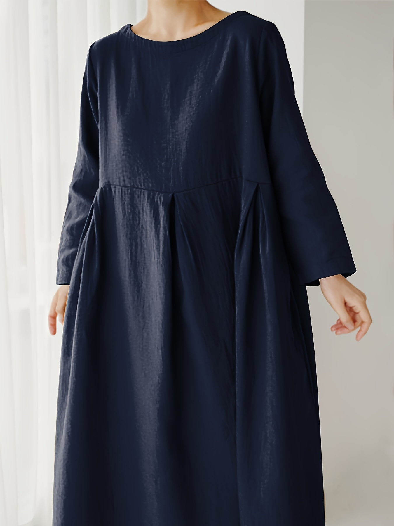 Minimalist Solid Pleated Long Sleeve Loose Maxi Dress