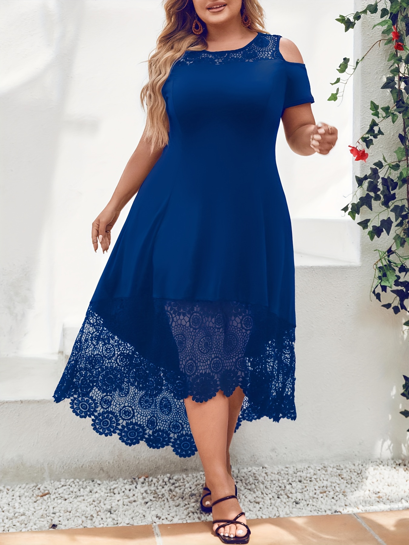 Cold Shoulder Lace Trim High Low Hem Midi Dress