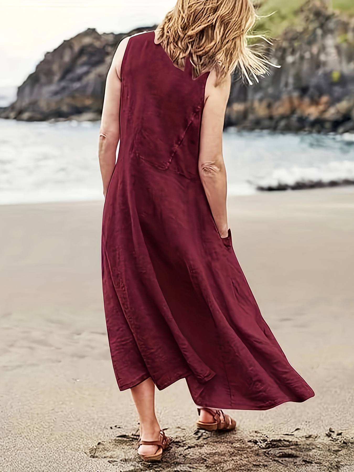 Casual Loose Fit Linen Pocket Midi Dress