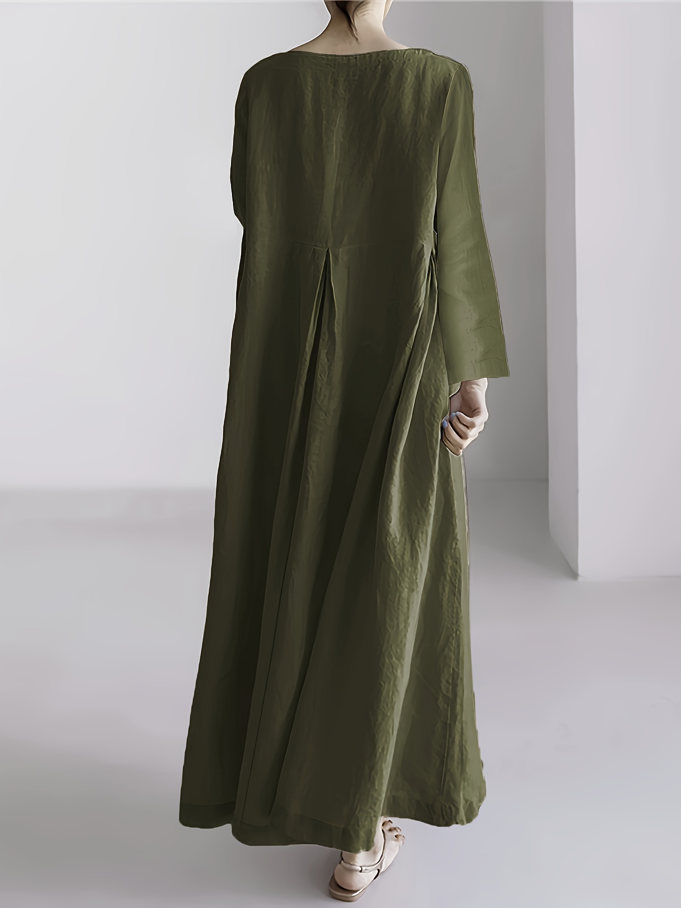 Minimalist Solid Pleated Long Sleeve Loose Maxi Dress