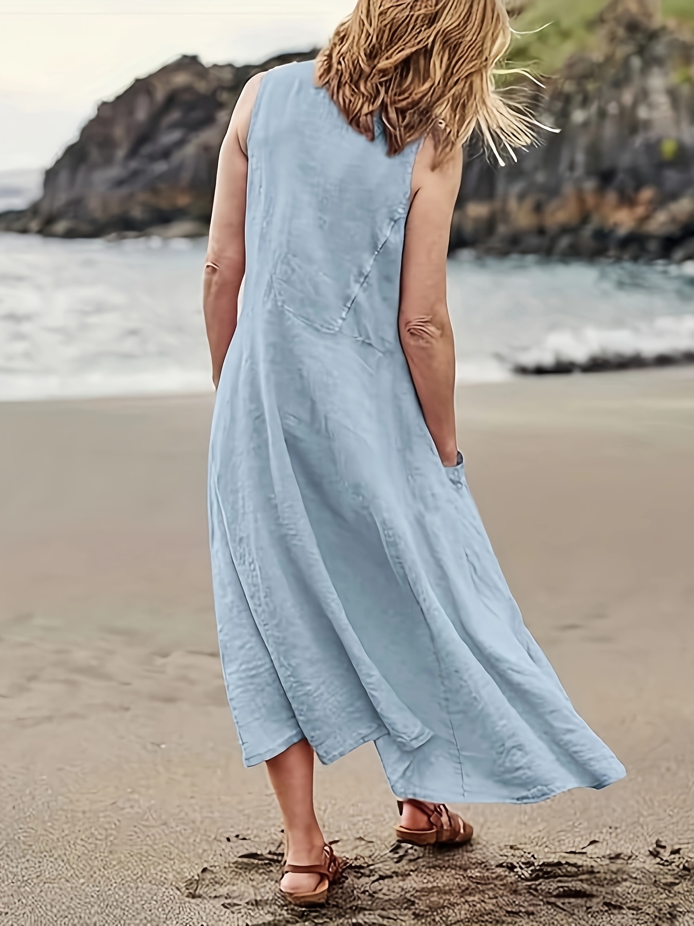 Casual Loose Fit Linen Pocket Midi Dress