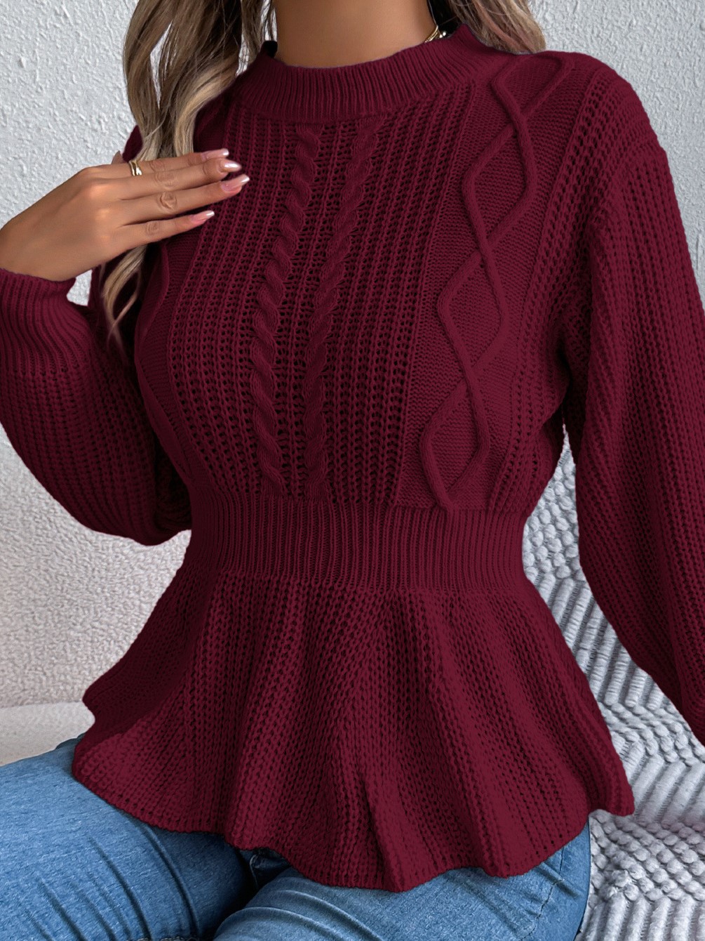 Textured Knit Waist Flare Hem Sweater Top 