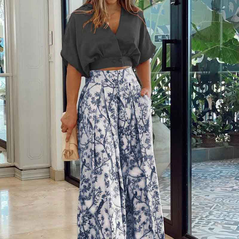 Floral Print Two-Piece Suit with High-Waisted Wide Leg Pants and Mid-Sleeve Shirt