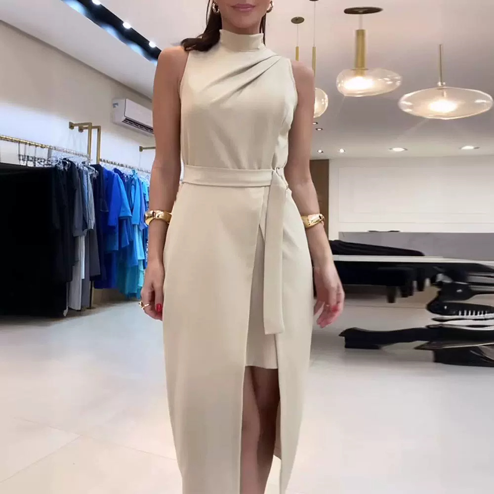 Side-Slit Belted Sleeveless Midi Dress (Buy 2 Free Shipping)