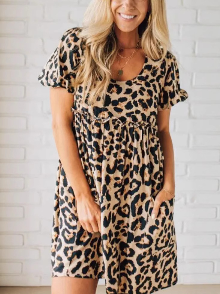 Chic Leopard Tie-Back Pocket Midi Dress (Buy 2 Free Shipping)