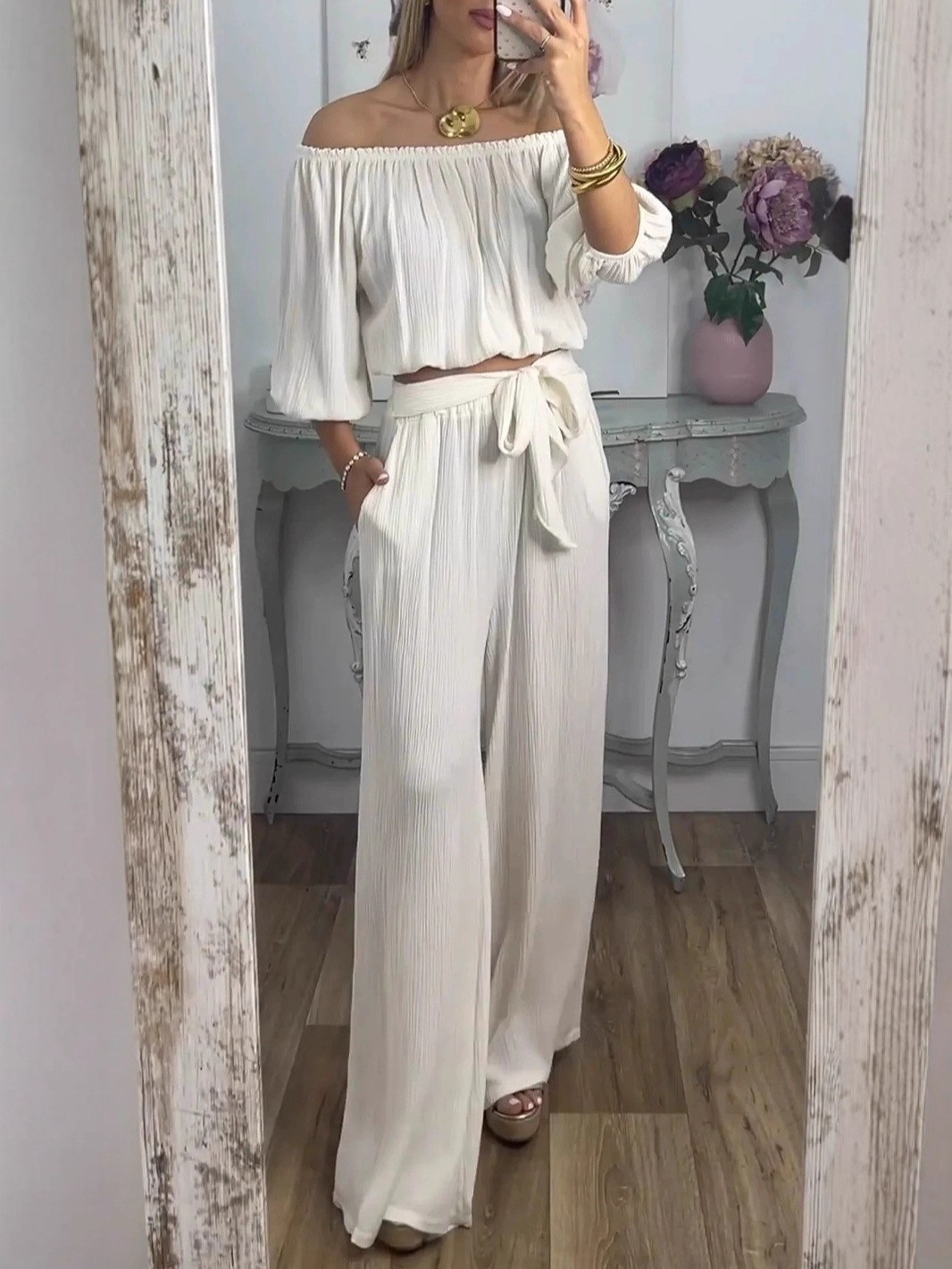 Elegant Off Shoulder Crinkle Top Wide Leg Pants Set (Buy 2 Free Shipping)