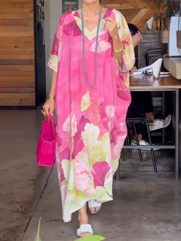 Floral Watercolor Print Loose Kaftan Dress (Buy 2 Free Shipping)