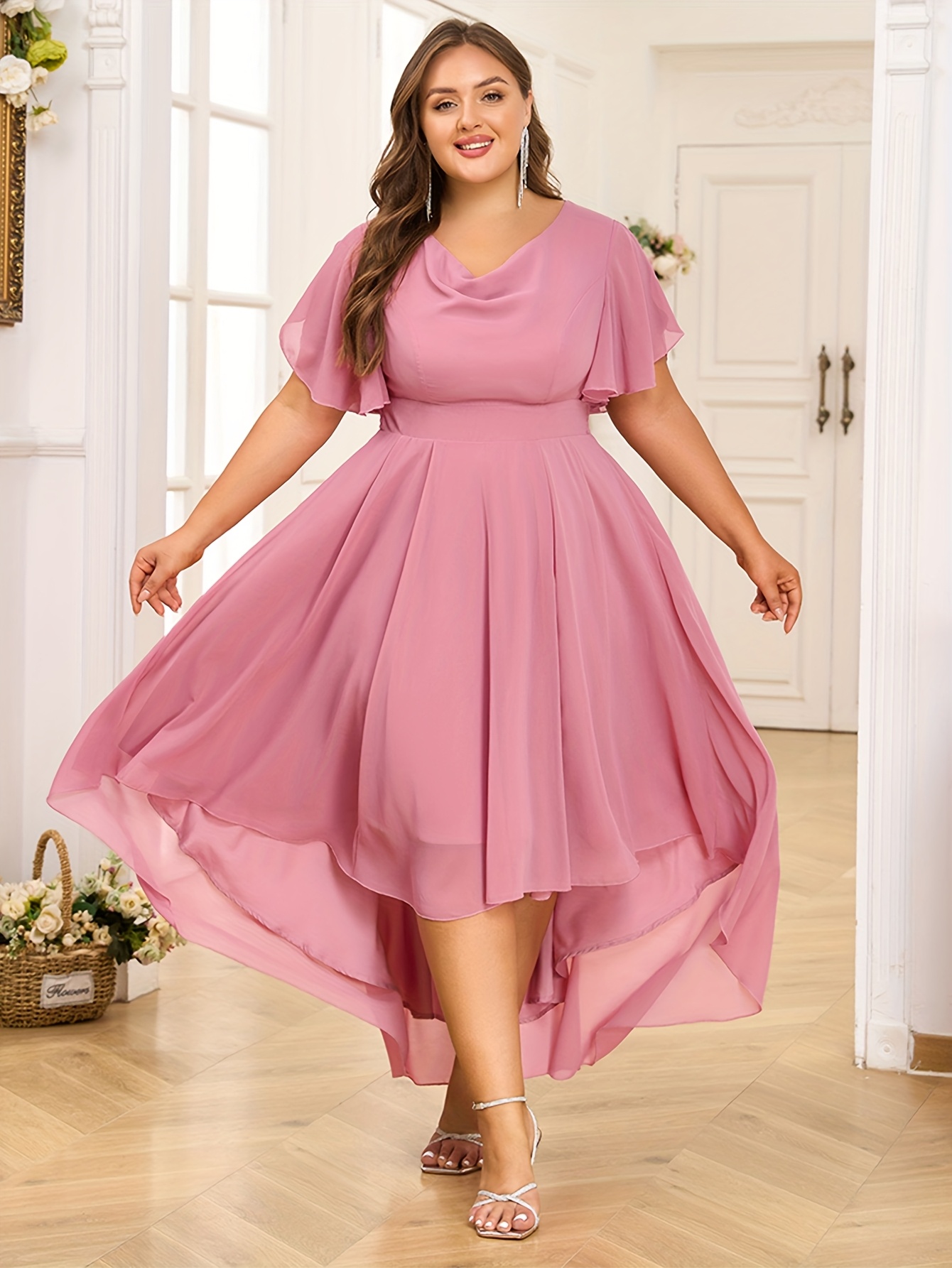 Plus Size Flutter Sleeve High-Low Chiffon Dress (Buy 2 Free Shipping)