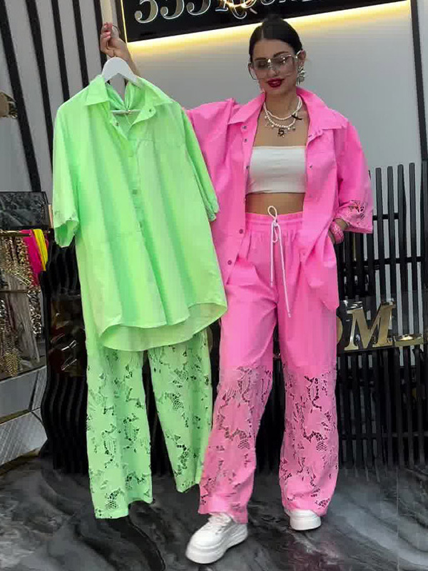 Chic Eyelet Lace Two-Piece Set - Button Shirt and Drawstring Pants (Buy 2 Free Shipping)