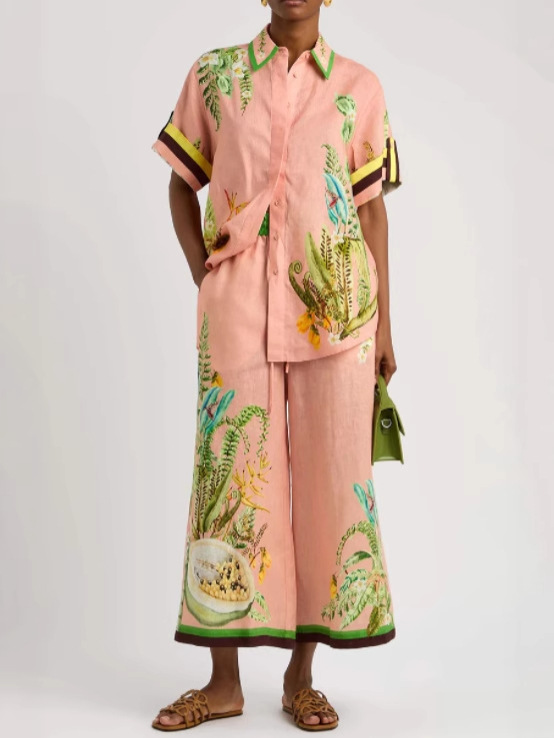 Relaxed Botanical Print Cotton-Linen Shirt and Pants Set (Buy 2 Free Shipping)
