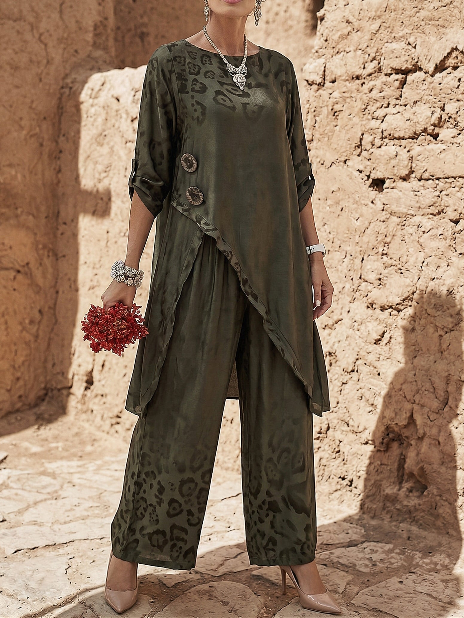 Boho Leopard Asymmetrical Tunic and Wide-Leg Pants Set