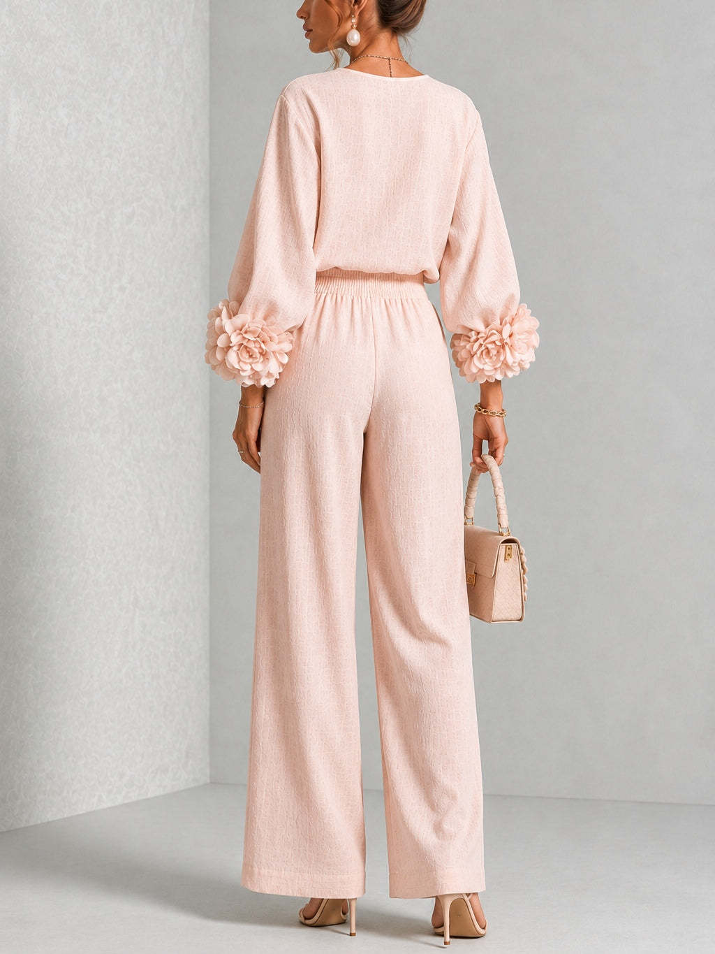 Elegant 3D Floral Cuff Balloon Sleeve Wide-Leg Pants Set