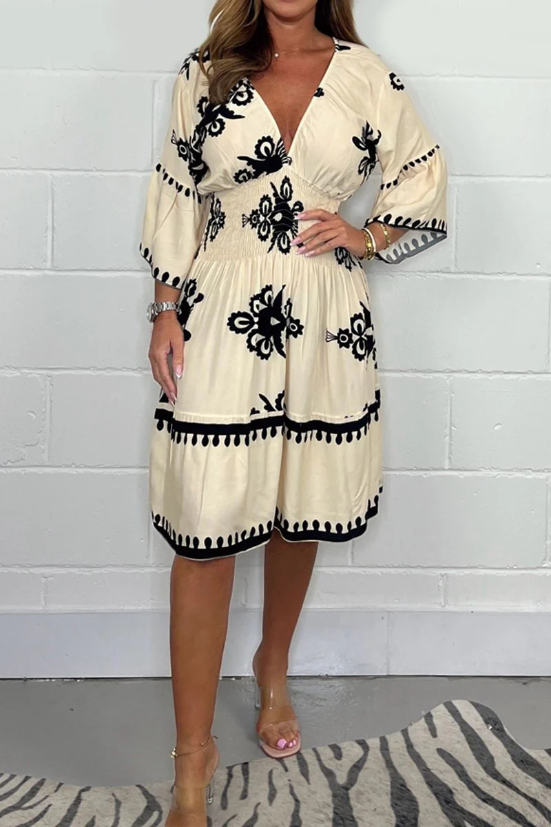 Tribal Embroidered Smocked Waist V-Neck Knee Dress 