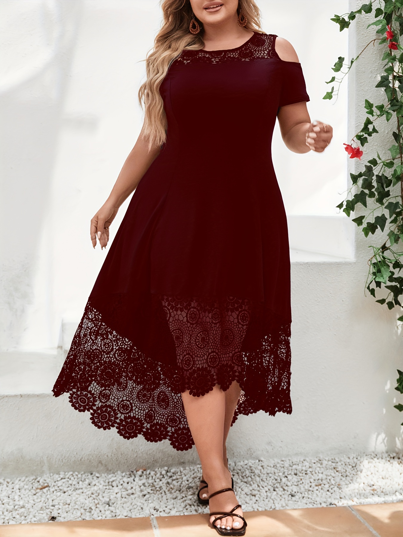 Cold Shoulder Lace Trim High Low Hem Midi Dress