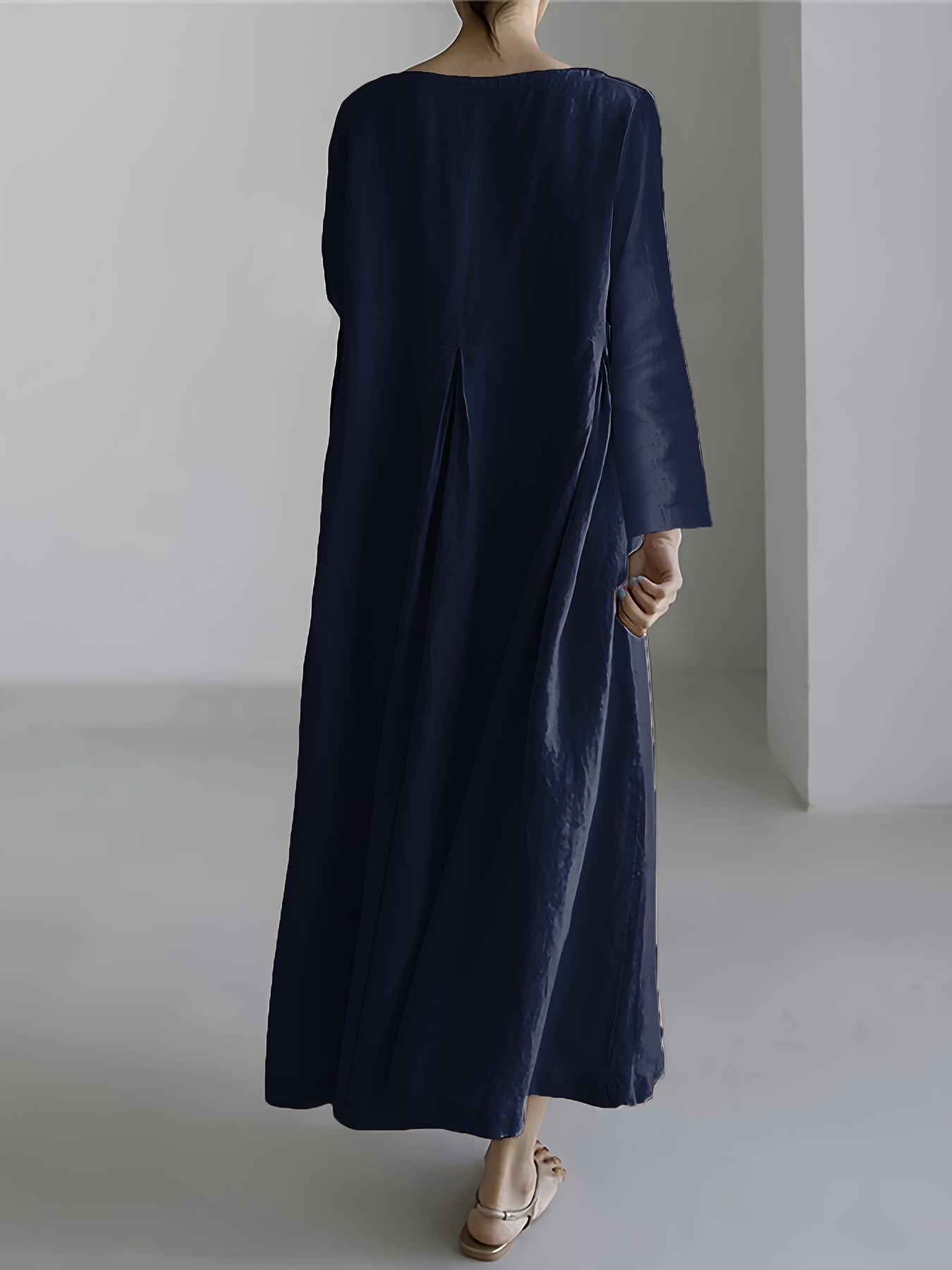 Minimalist Solid Pleated Long Sleeve Loose Maxi Dress