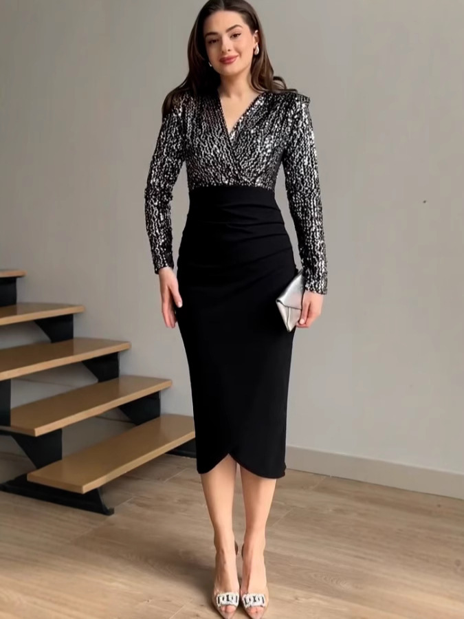 Sparkly Sequin Wrap Top High Waist Midi Dress (Buy 2 Free Shipping)
