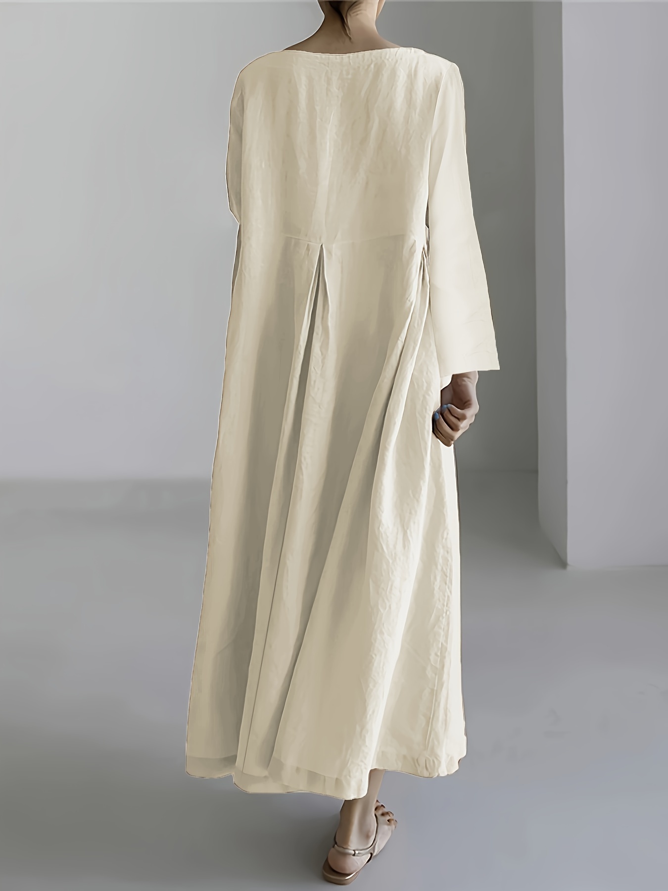 Minimalist Solid Pleated Long Sleeve Loose Maxi Dress