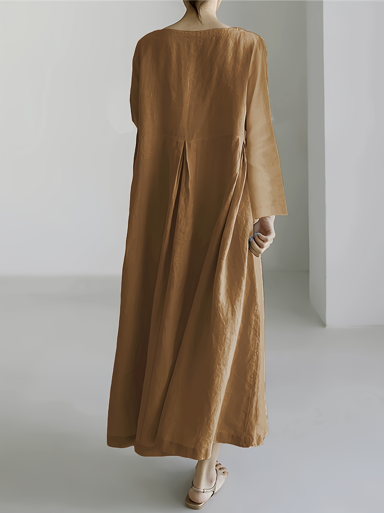 Minimalist Solid Pleated Long Sleeve Loose Maxi Dress