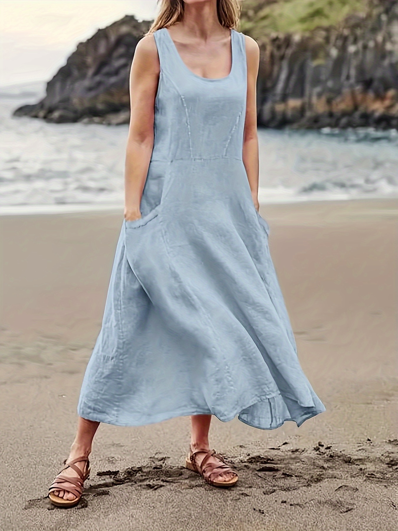 Casual Loose Fit Linen Pocket Midi Dress