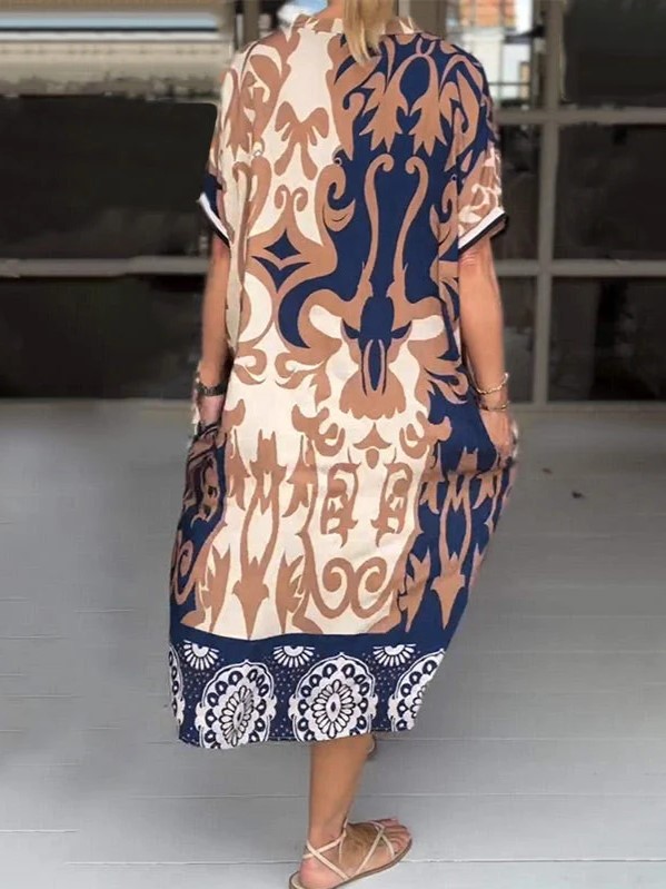 Boho Tribal Pattern Loose V Neck Midi Dress (Buy 2 Free Shipping)