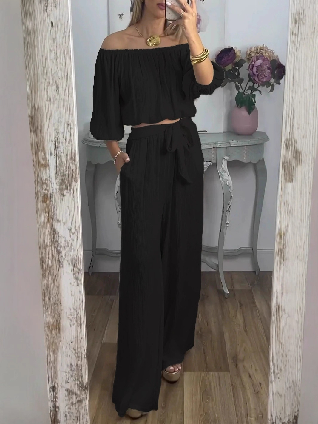 Elegant Off Shoulder Crinkle Top Wide Leg Pants Set (Buy 2 Free Shipping)