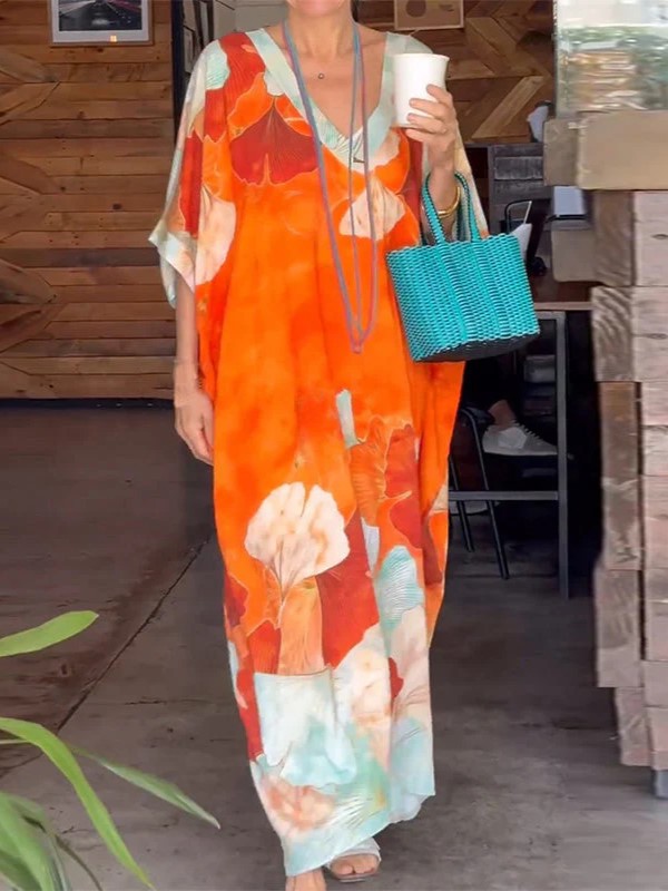 Floral Watercolor Print Loose Kaftan Dress (Buy 2 Free Shipping)