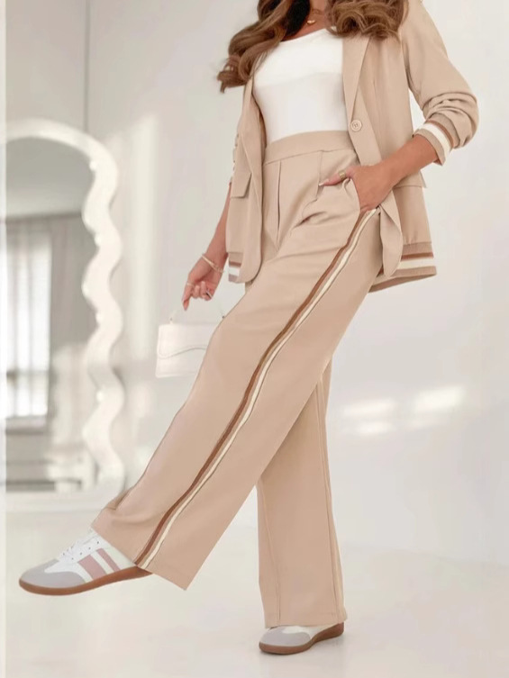 Effortless Stripe-Trim Blazer and Wide Leg Pants Set (Buy 2 Free Shipping)