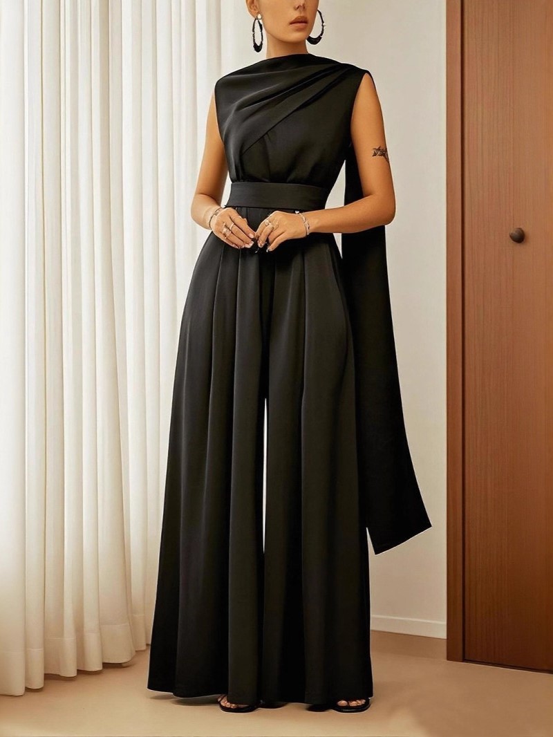 Elegant One Shoulder Draped Wide-Leg Belted Sleeveless Jumpsuit (Buy 2 Free Shipping)