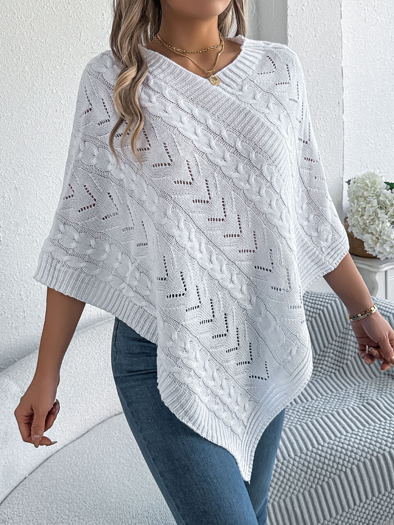 Relaxed Chevron Cable Knit V-Neck Poncho Sweater