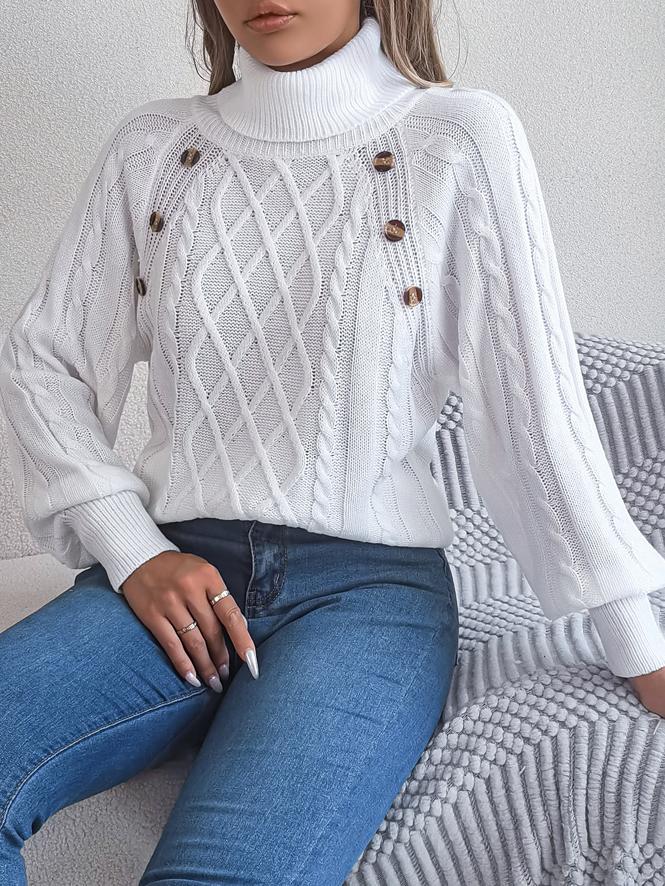 Cozy Turtleneck Cable Knit Button Accent Sweater