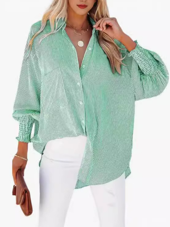 🎁Last Day Sale 50% OFF🏆️Mid-length smocked shirt with striped lapel and oversized drawdown sleeves