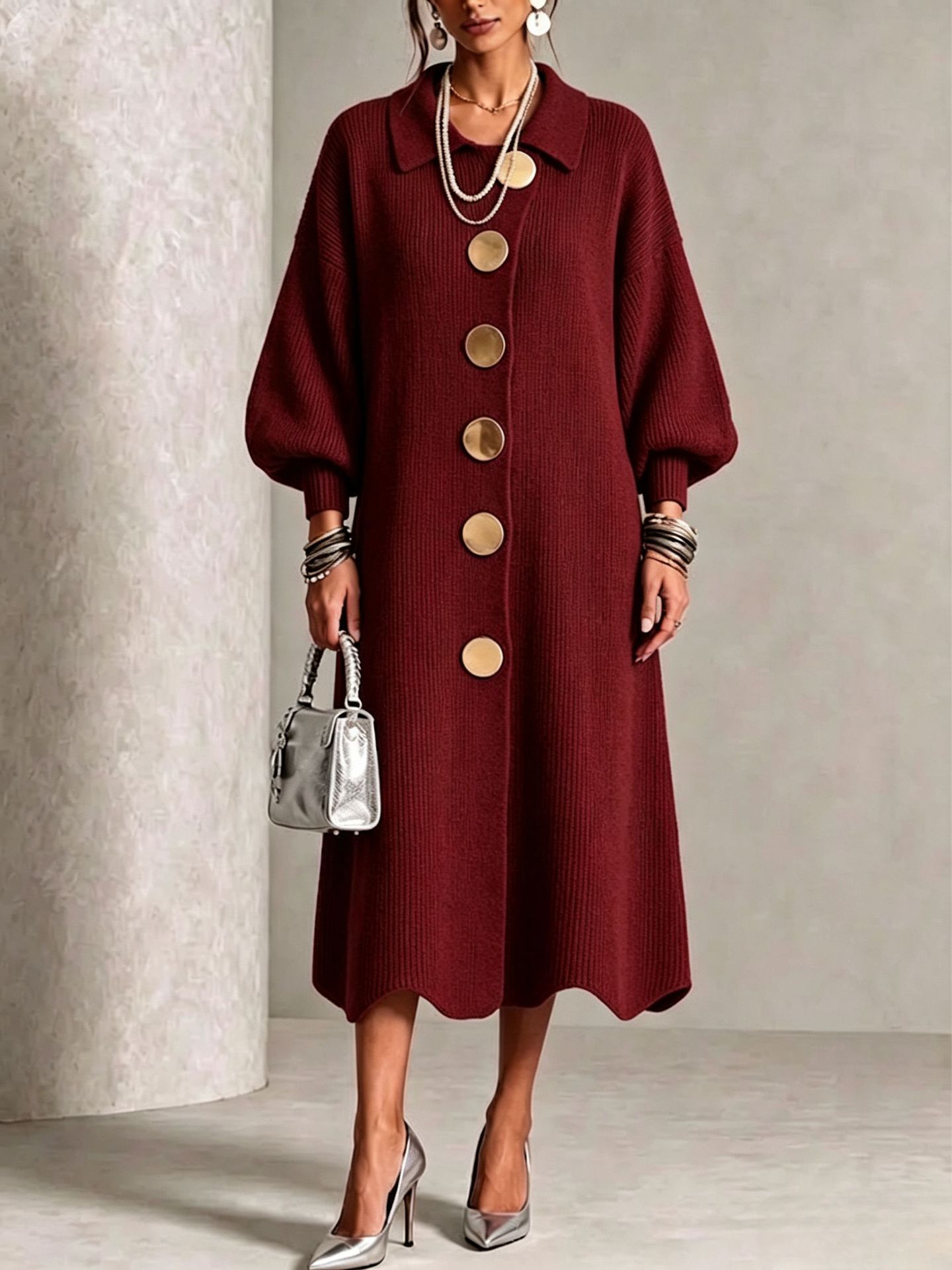 Elegant Collared Button Ribbed Knit Dress