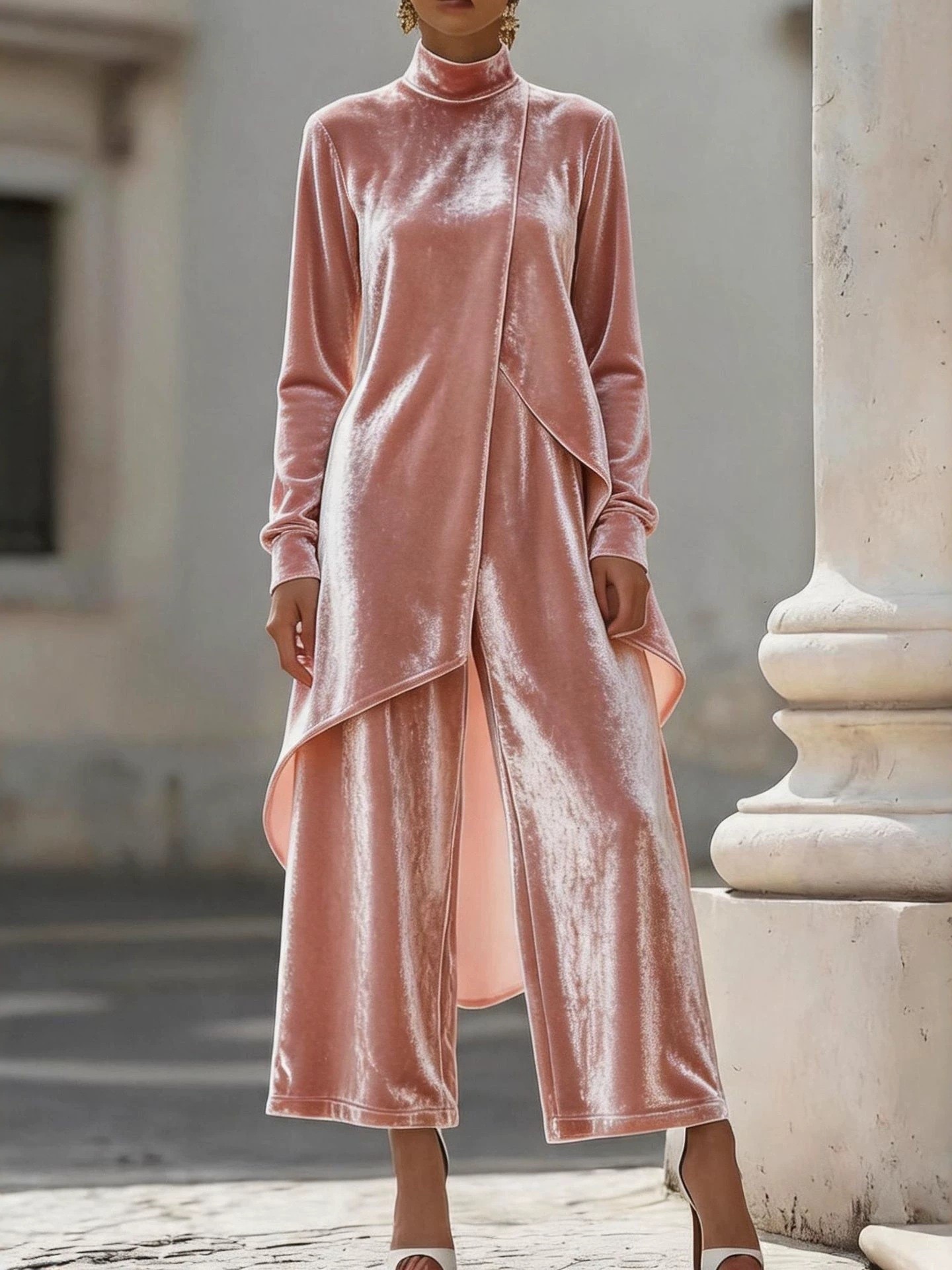 Elegant Velvet High Neck Asymmetrical Wide Leg Pants Set