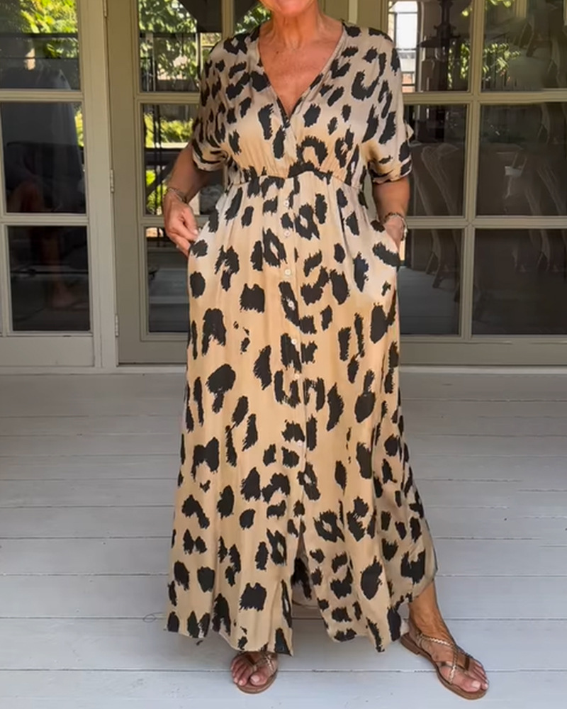 Leopard Print V-Neck Short Sleeve Pocket Maxi Dress