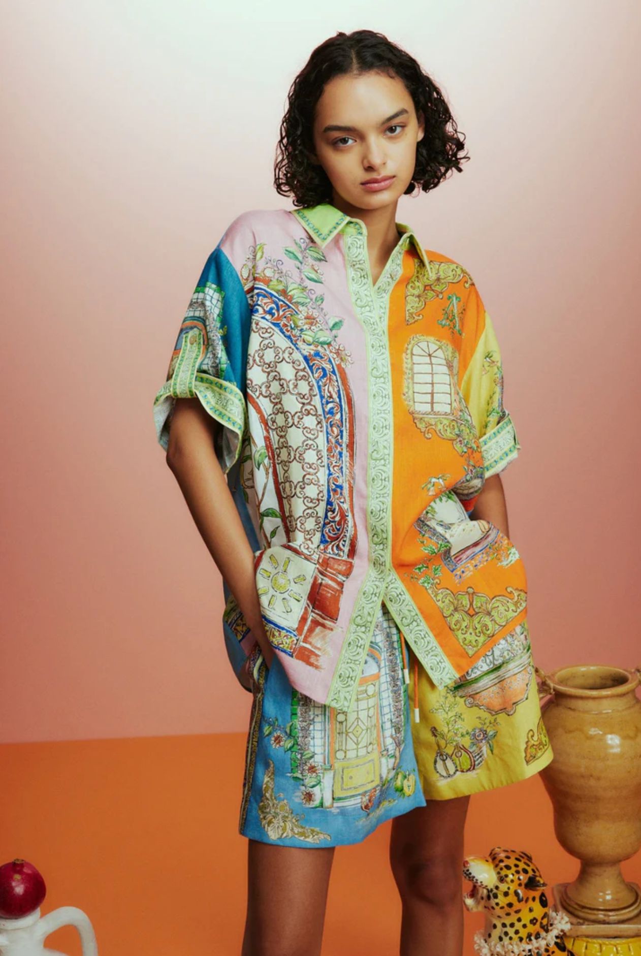 Unique Print Loose Short Sleeve Shirt and Elastic Waist Drawstring Pocket Shorts Set