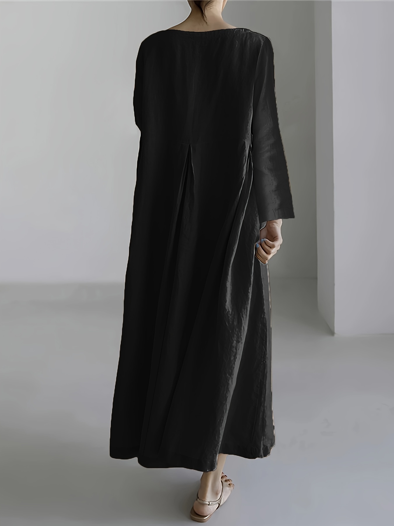 Minimalist Solid Pleated Long Sleeve Loose Maxi Dress