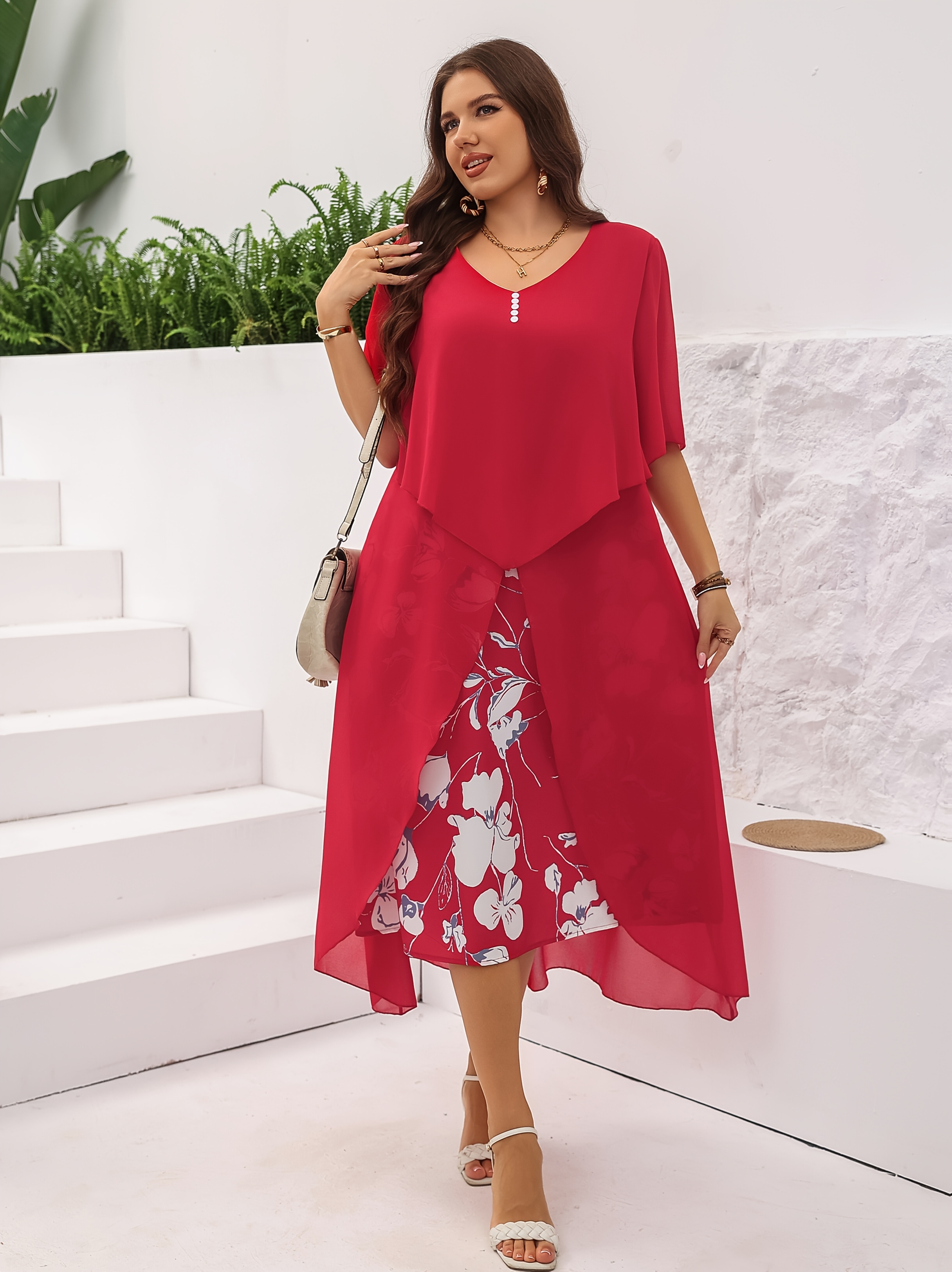 Elegant A-Line Layered Hem Floral Print Midi Dress
